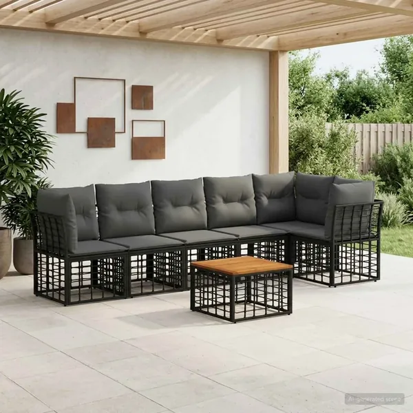 Ensemble de canapé de jardin 7 pcs Noir et Gris foncé polyrotin