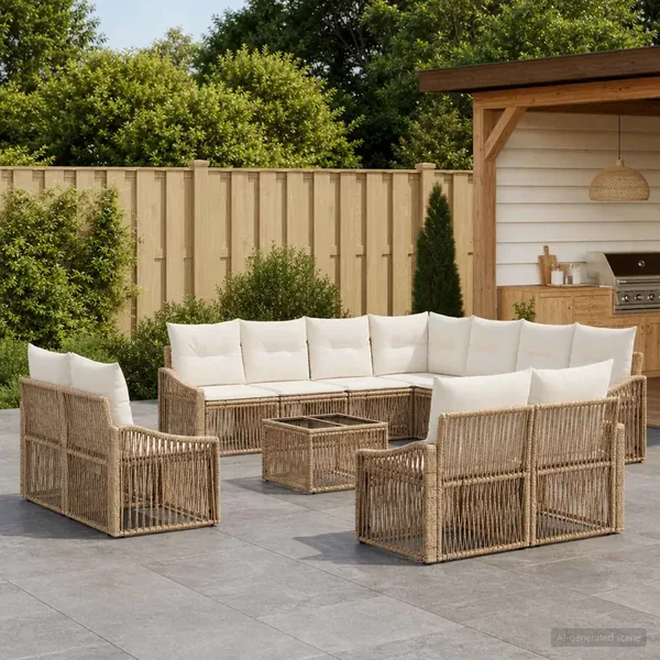 Ensemble de canapé de jardin 12 pcs Beige polyrotin