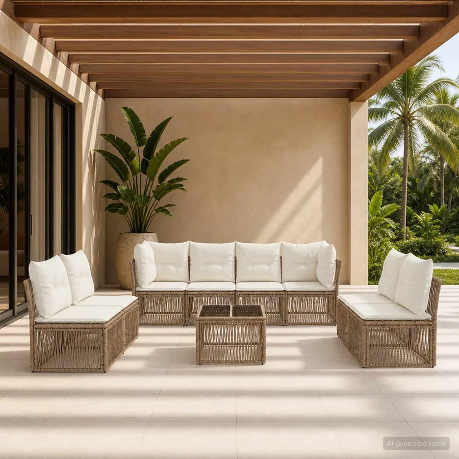 Ensemble de canapé de jardin 9 pcs Beige polyrotin