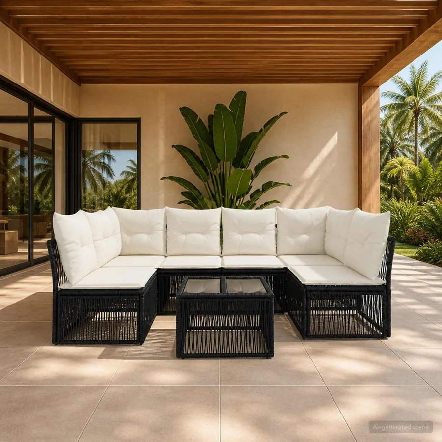 Ensemble de canapé de jardin 7 pcs Noir polyrotin