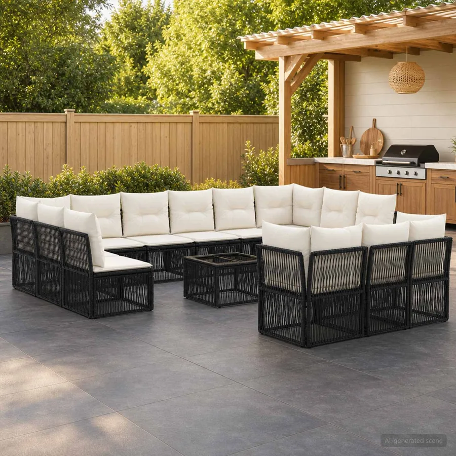 Ensemble de canapé de jardin 14 pcs Noir polyrotin