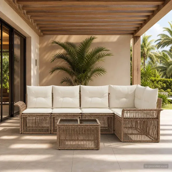 Ensemble de canapé de jardin 6 pcs Beige polyrotin
