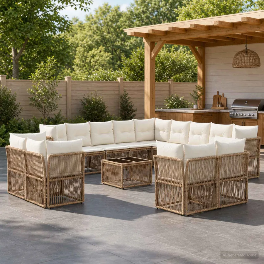 Ensemble de canapé de jardin 14 pcs Beige polyrotin