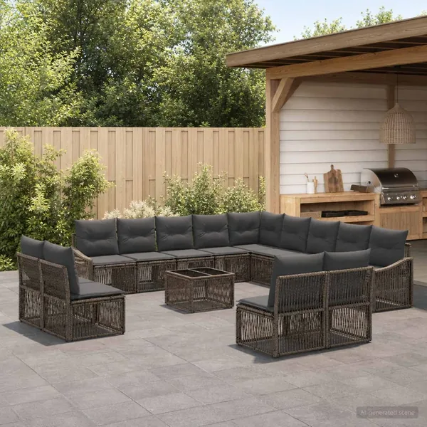 Ensemble de canapé de jardin 14 pcs Gris polyrotin