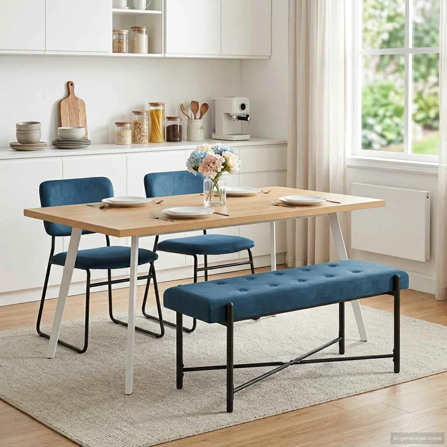 Banc capitonné à boutons avec coussins Bleu 110 x 40 x 46 cm - 4