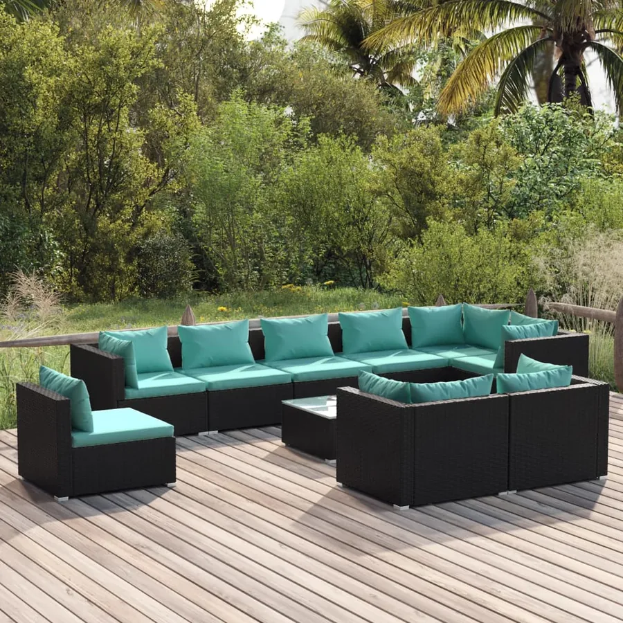 Salon de jardin 10 pcs avec coussins Résine tressée Noir