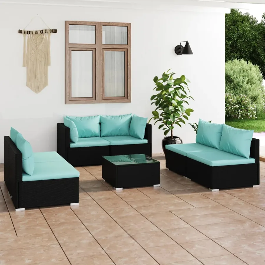 Salon de jardin 7 pcs avec coussins Résine tressée Noir