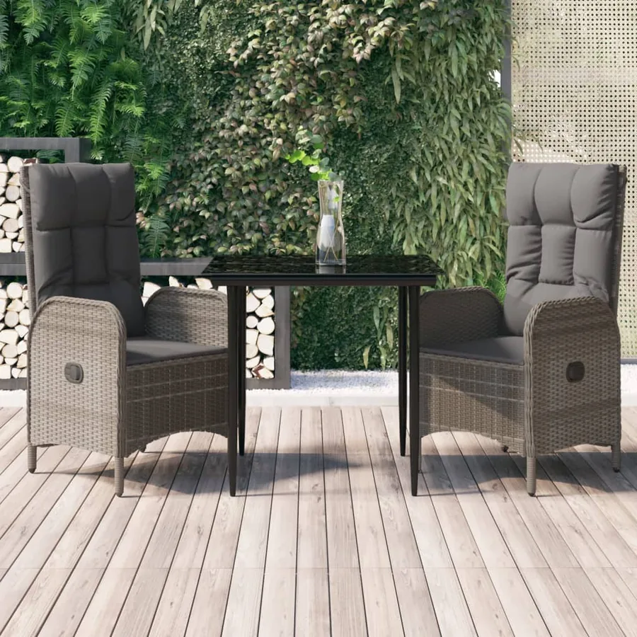 Ensemble à manger jardin 3pcs avec coussins noir et gris