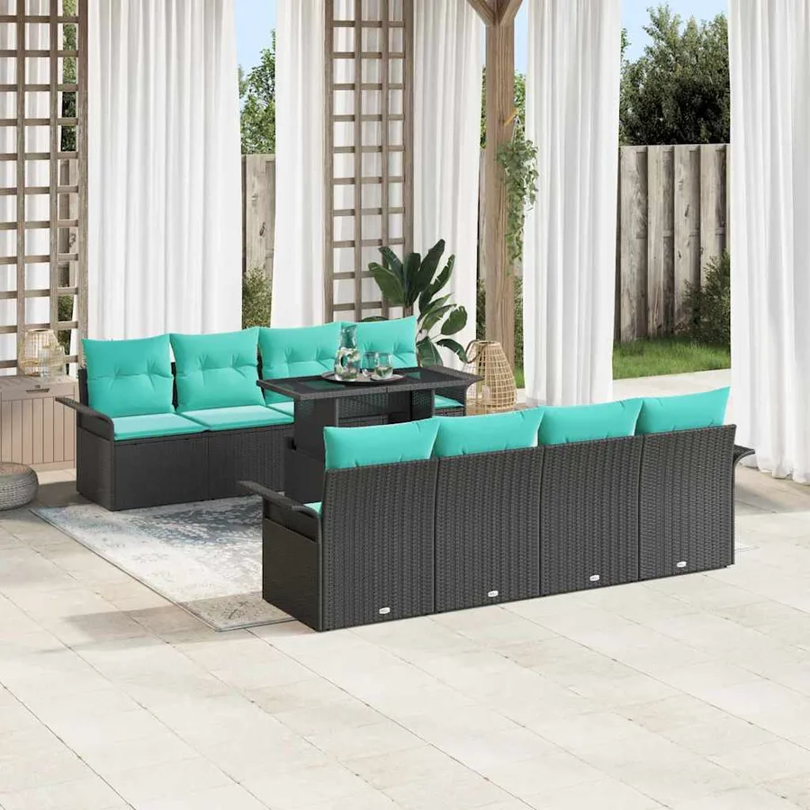 Ensemble de canapé de jardin avec coussin 9 pcs Noir Poly rotin - 3