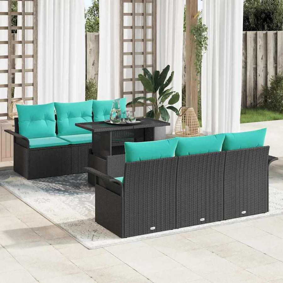 Ensemble de canapé de jardin avec coussin 7 pcs Noir Poly rotin