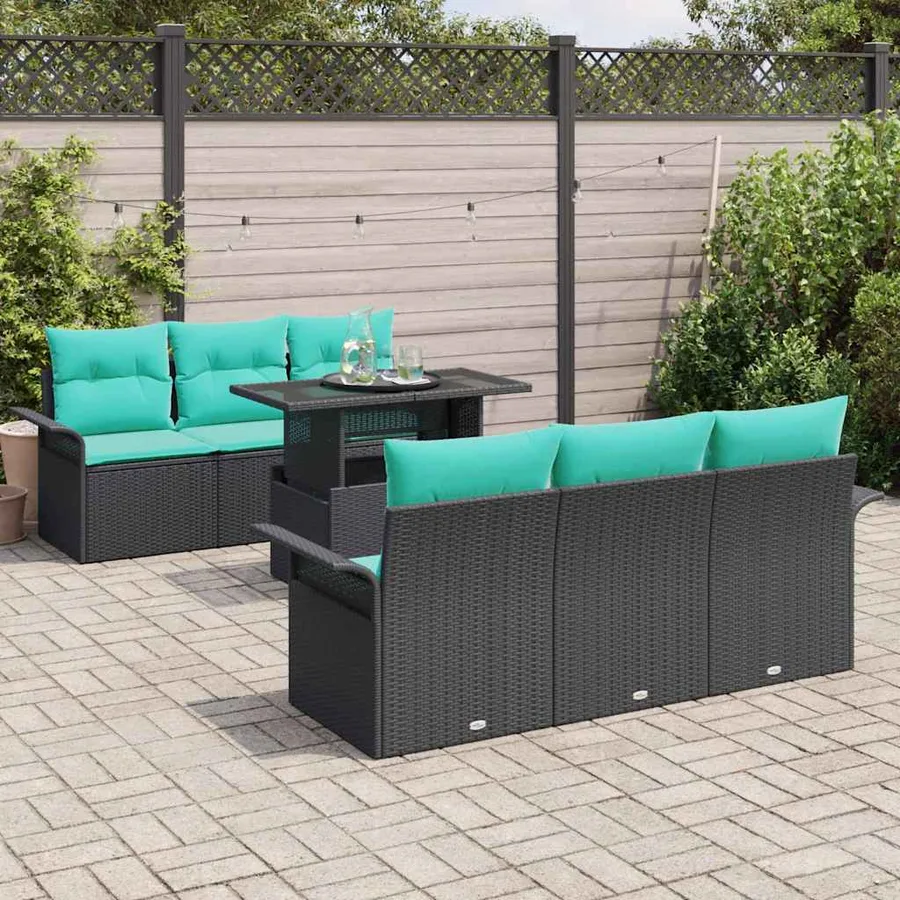 Ensemble de canapé de jardin avec coussin 7 pcs Noir Poly rotin - 3