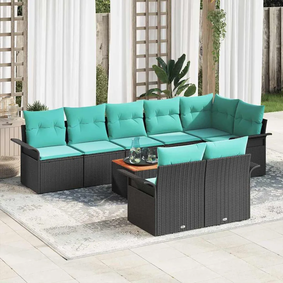 Ensemble de canapé de jardin 9 pcs Noir et turquoise polyrotin
