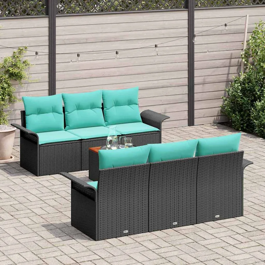Ensemble de canapé de jardin 7 pcs Noir et turquoise polyrotin - 3