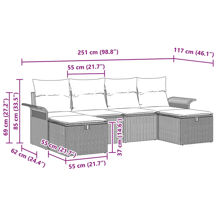 Ensemble de canapé de jardin avec coussin 6 pcs Noir Poly rotin - 12