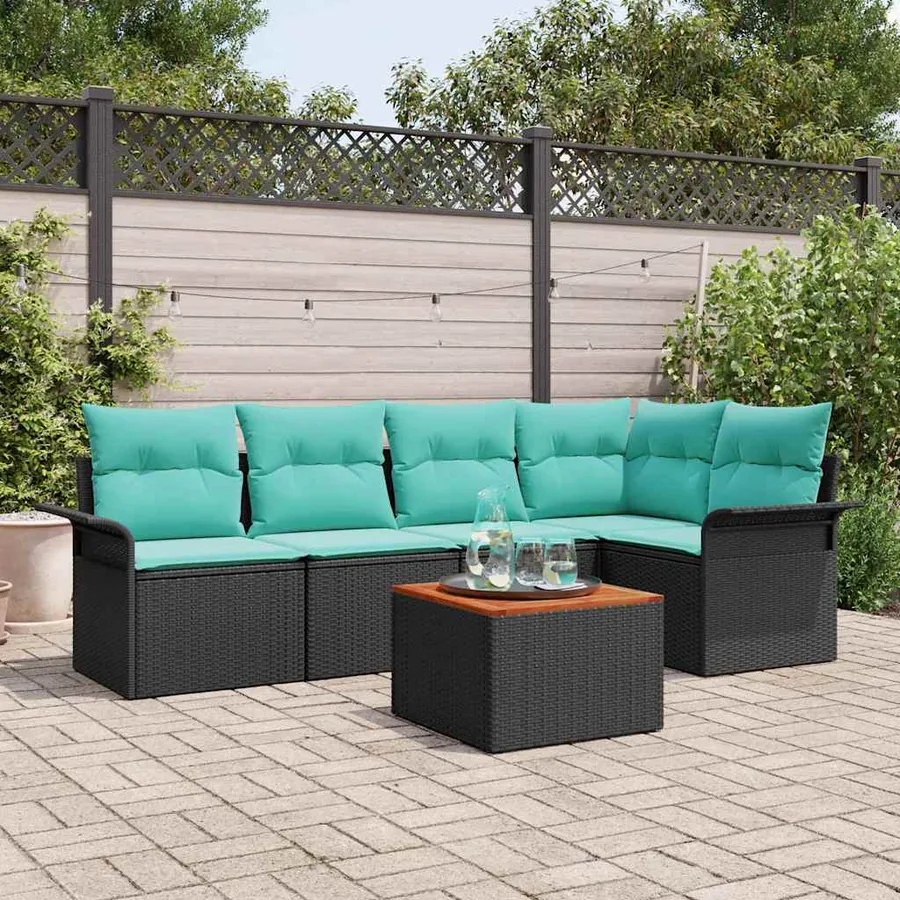Ensemble de canapé de jardin 6 pcs Noir et turquoise polyrotin