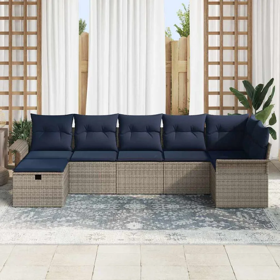 Ensemble de canapé de jardin avec coussin 7 pcs Gris Poly rotin - 3