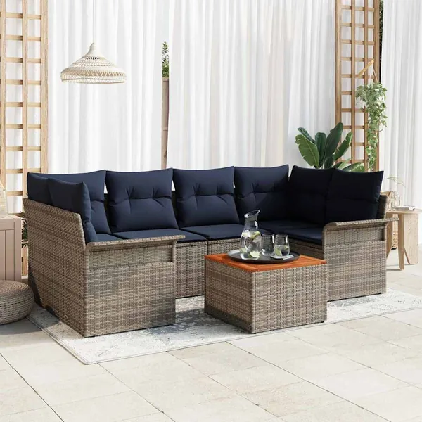 Ensemble de canapé de jardin 7 pcs Gris et bleu marine