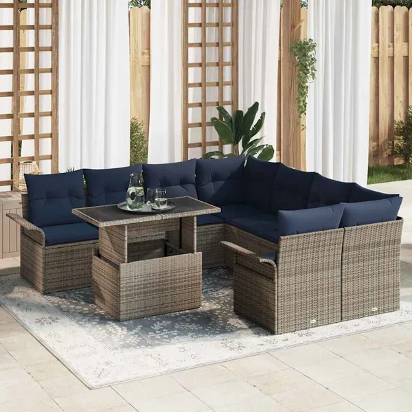 Ensemble de canapé de jardin 9 pcs Gris Poly Rattan