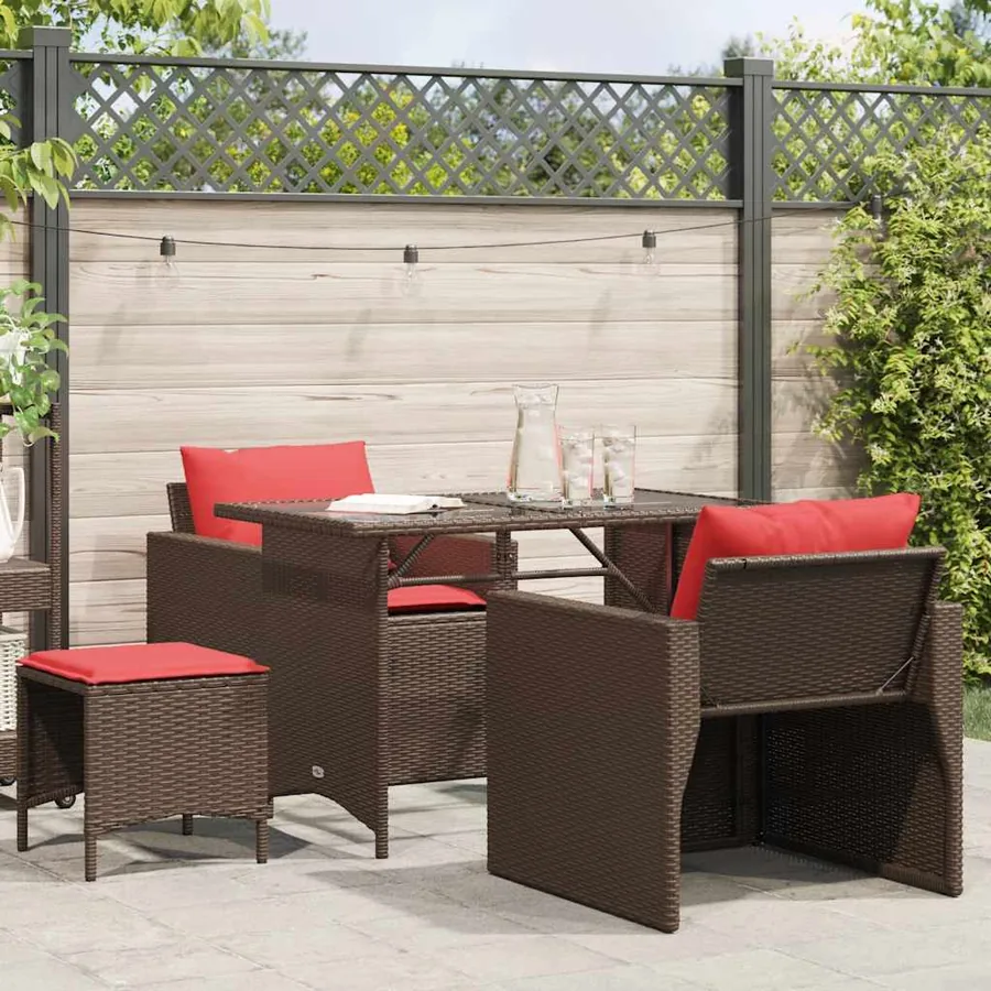 Salon de jardin 4 pcs avec coussins marron résine tressée