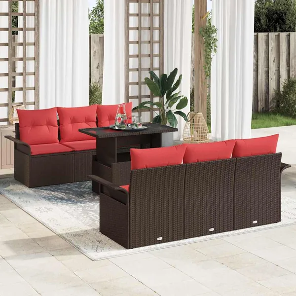 Ensemble de canapé de jardin 7 pcs Marron Poly Rattan