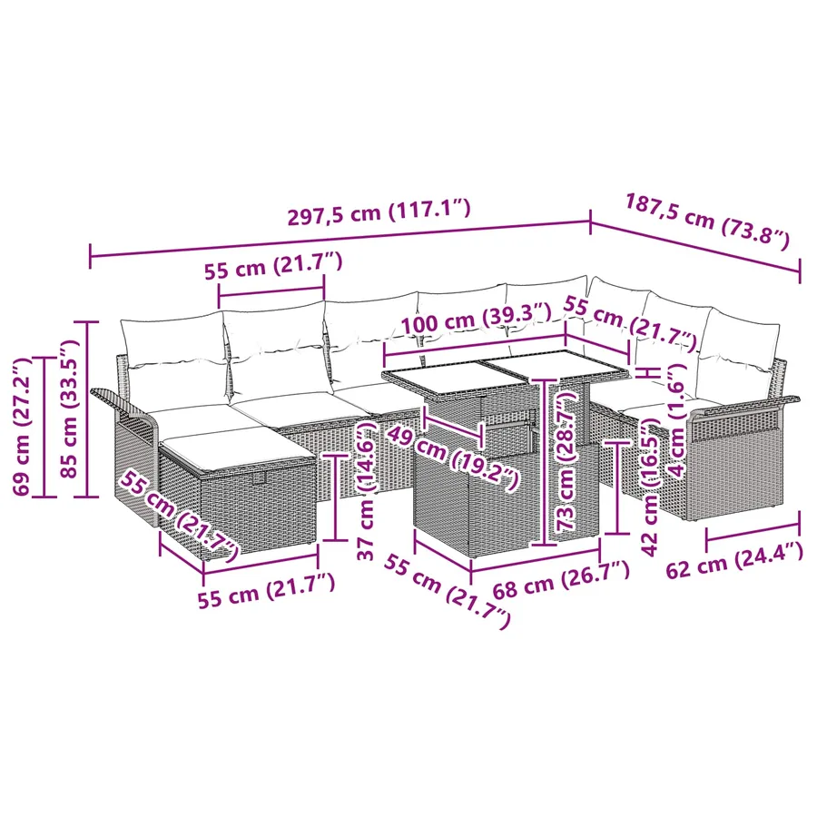 Ensemble de canapé de jardin 9 pcs Marron Poly rotin - 17