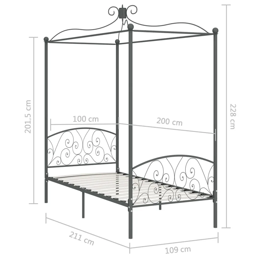 Cadre de lit à baldaquin sans matelas gris métal 100x200 cm - 6