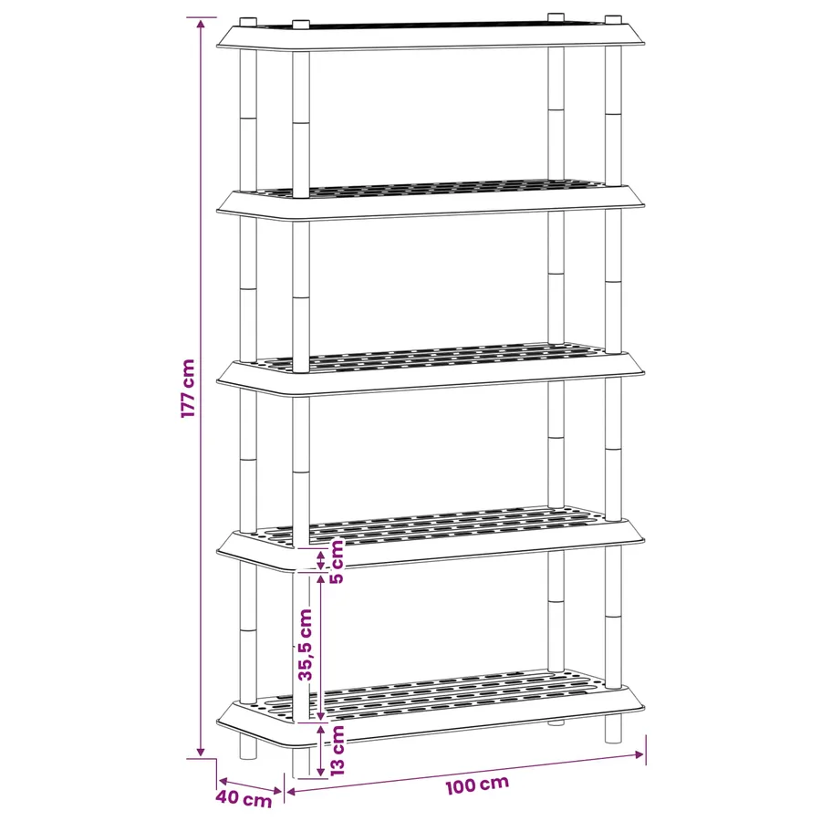 Unité de rangement 5 niveaux 100 x 40 x 177 cm PP Blanc - 8
