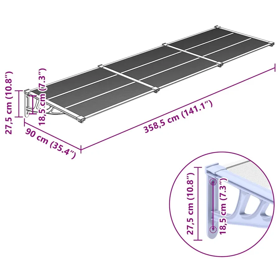 Auvent de porte Gris et transparent 358,5x90 cm Polycarbonate - 6
