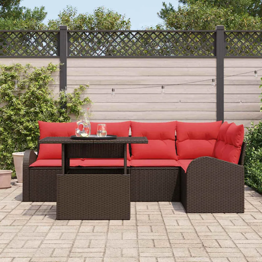Ensemble de canapé de jardin 6 pcs Marron et rouge polyrotin - 3