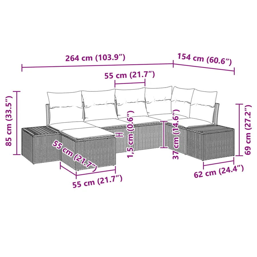 Ensemble de canapé de jardin 6 pcs Marron polyrotin - 9