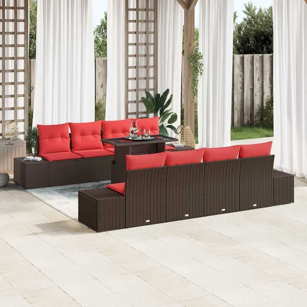 Ensemble de canapé de jardin 9 pcs Marron et rouge polyrotin