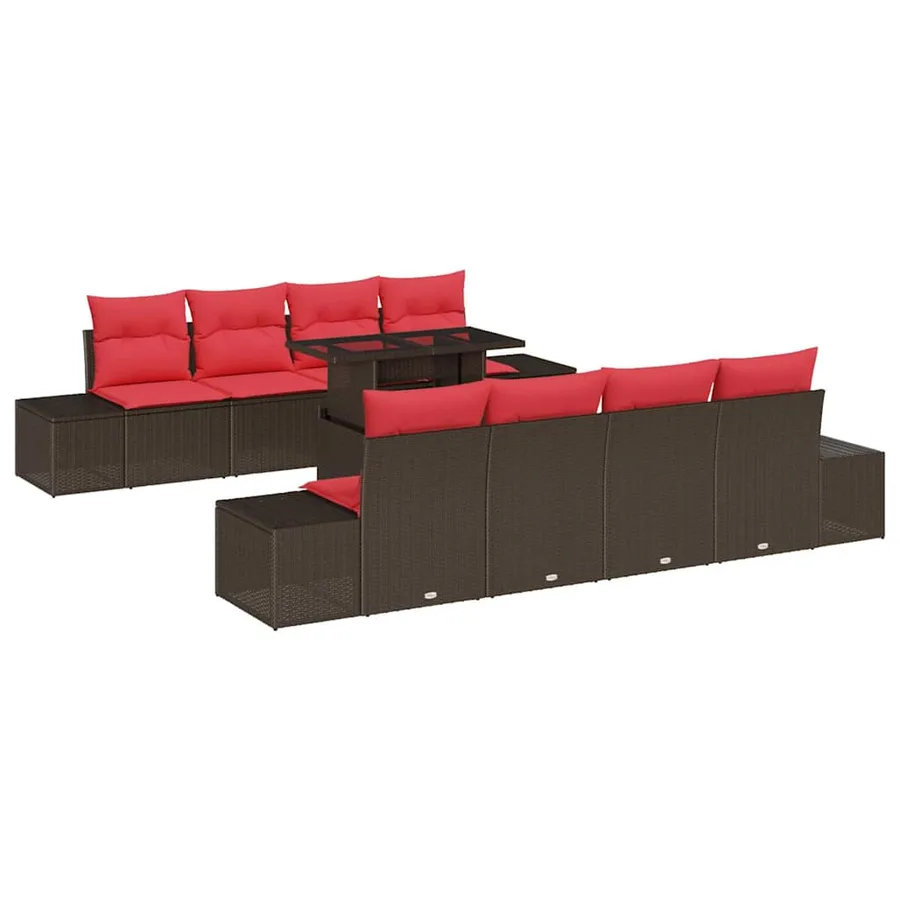Ensemble de canapé de jardin 9 pcs Marron et rouge polyrotin - 2