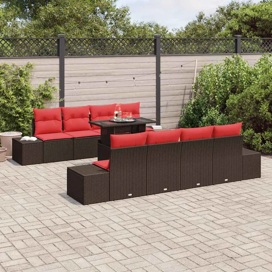 Ensemble de canapé de jardin 9 pcs Marron et rouge polyrotin - 3