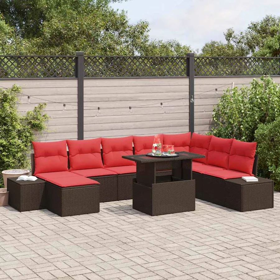 Ensemble de canapé de jardin 9 pcs Marron et rouge polyrotin