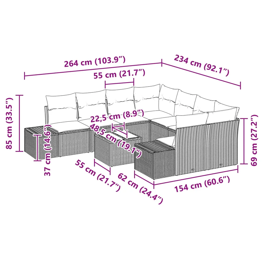 Ensemble de canapé de jardin 9 pcs Marron polyrotin - 9