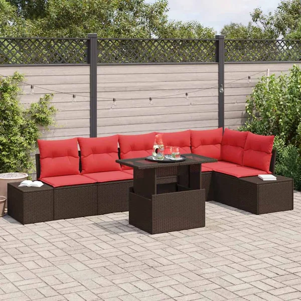 Ensemble de canapé de jardin 7 pcs Marron et rouge polyrotin