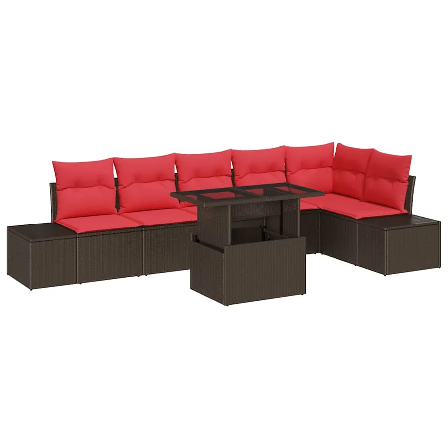 Ensemble de canapé de jardin 7 pcs Marron et rouge polyrotin - 2
