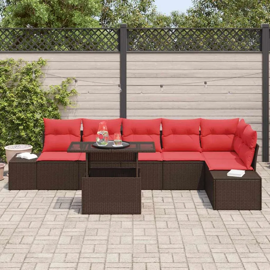 Ensemble de canapé de jardin 7 pcs Marron et rouge polyrotin - 3