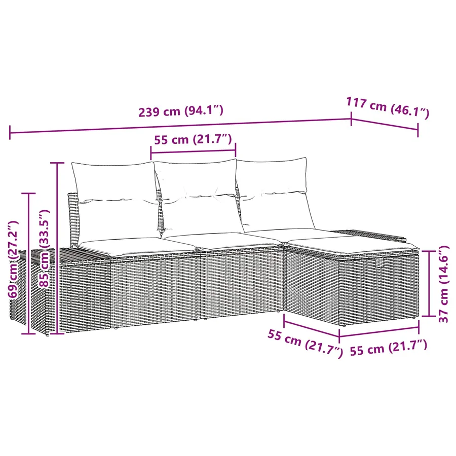 Ensemble de canapé de jardin avec coussin 4 pcs polyrotin - 9