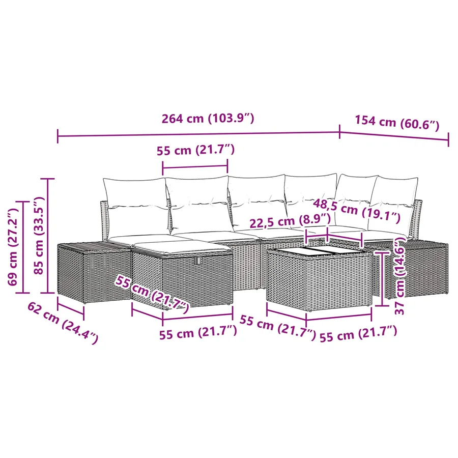 Ensemble de canapé de jardin 7 pcs Marron polyrotin - 11