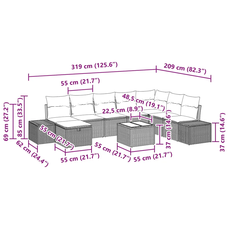 Ensemble de canapé de jardin 9 pcs Marron polyrotin - 11