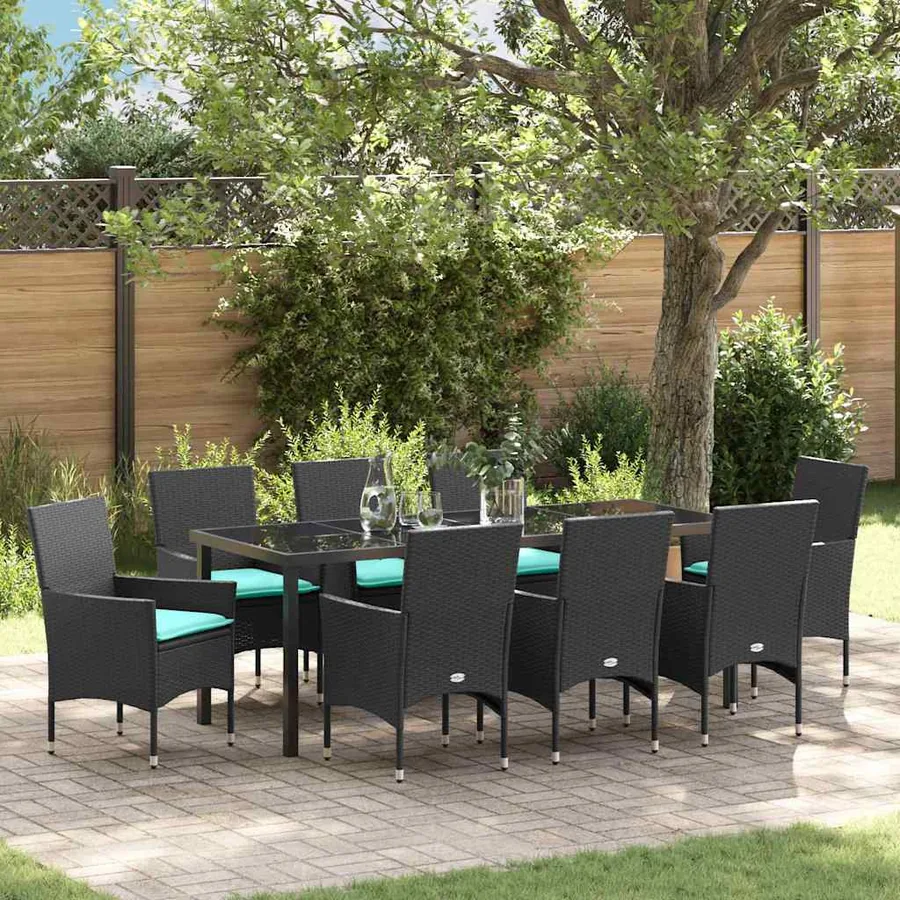Ensemble table et chaises avec coussin 9 pcs Noir Rotin PE