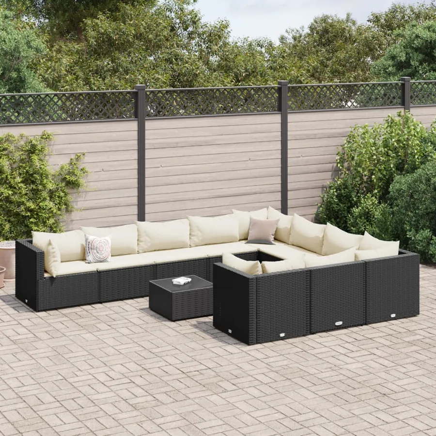 Salon de jardin 11 pcs avec coussins noir résine tressée