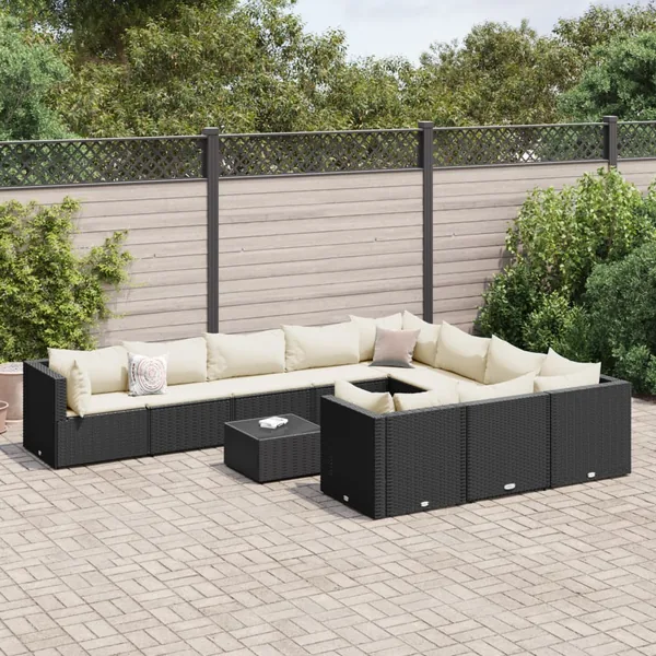Salon de jardin 11 pcs avec coussins noir résine tressée