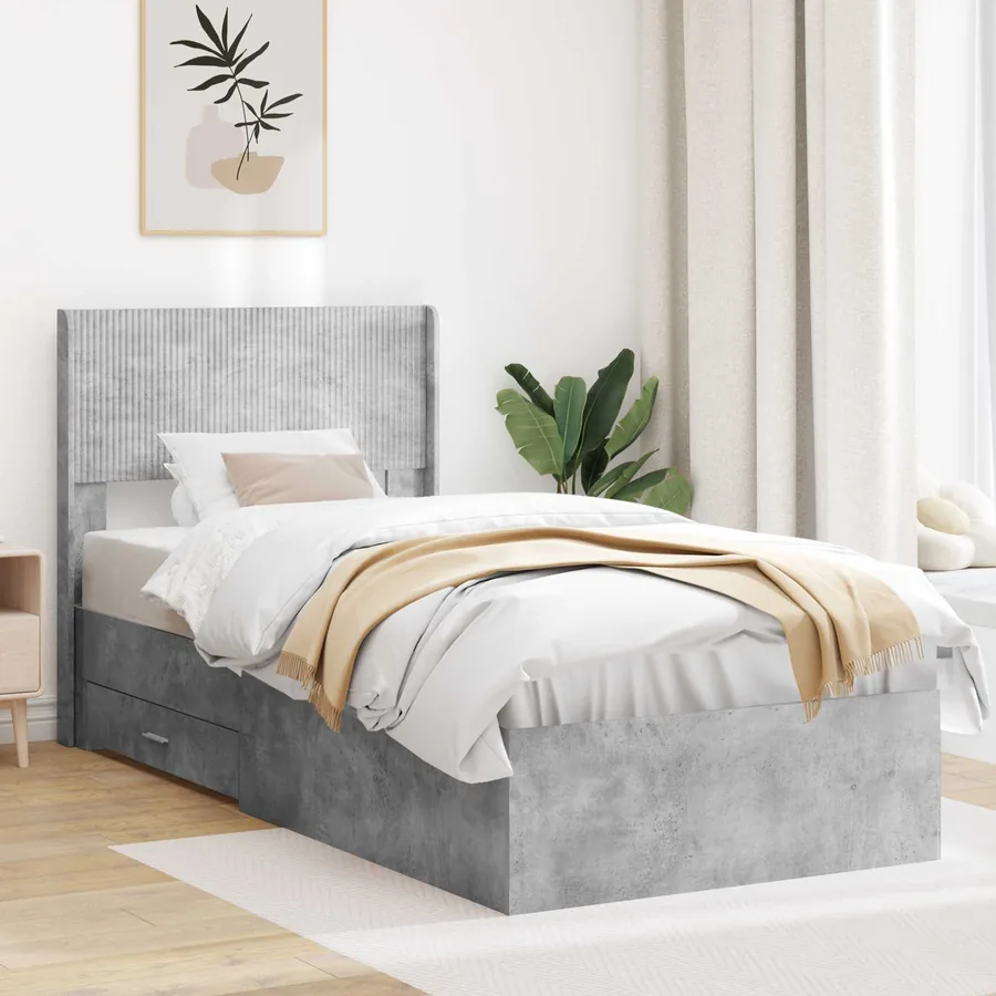 Cadre de lit avec rangement et tête de lit Gris béton