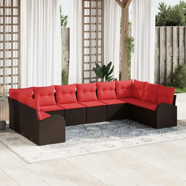 Ensemble de canapé de jardin 10 pcs Marron et rouge polyrotin