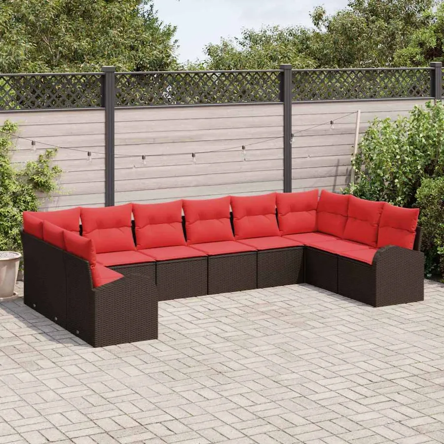 Ensemble de canapé de jardin 10 pcs Marron et rouge polyrotin - 3