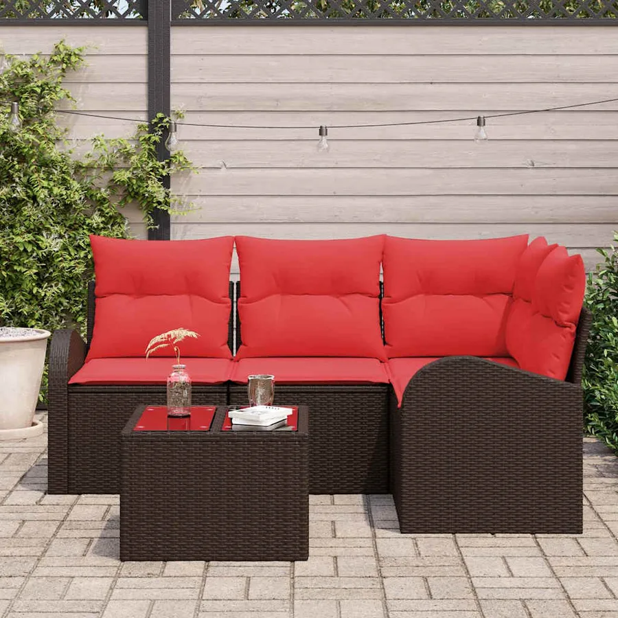 Ensemble de canapé de jardin 5 pcs Marron et rouge polyrotin - 3