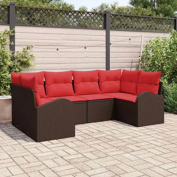Ensemble de canapé de jardin 6 pcs Marron et rouge polyrotin