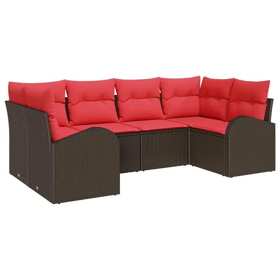 Ensemble de canapé de jardin 6 pcs Marron et rouge polyrotin - 2